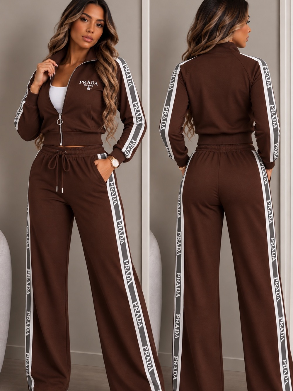 Brown Wide-Leg Track Pants with Matching Zip Jacket size S